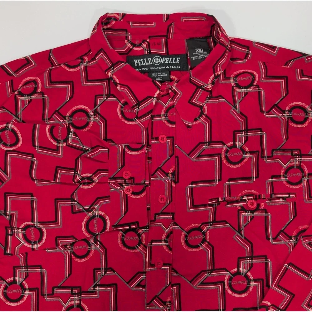 Vintage Pelle Pelle Marc Buchanan Long Sleeve Shirt 2XL Red Geometric AOP